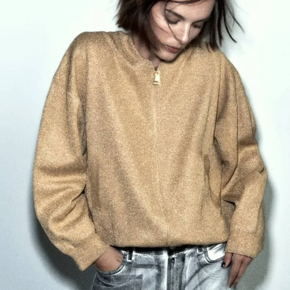 NWT ZARA KNIT BOMBER CARDIGAN WITH METALLIC THREAD S,L 2142